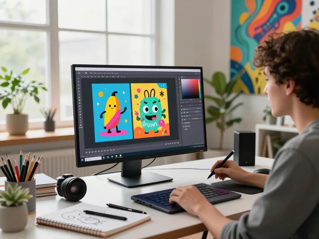 Digital artist using nano banana flash for image editing in a vibrant studio.