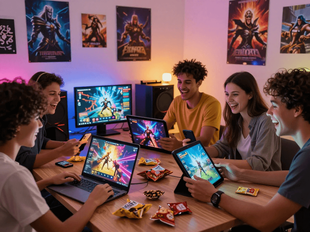 Friends enjoying porn games on multiple devices in a cozy gaming setup.