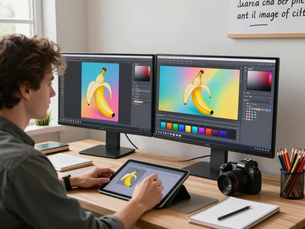 Artist using the nano banana AI image editor in a vibrant, creative workspace.