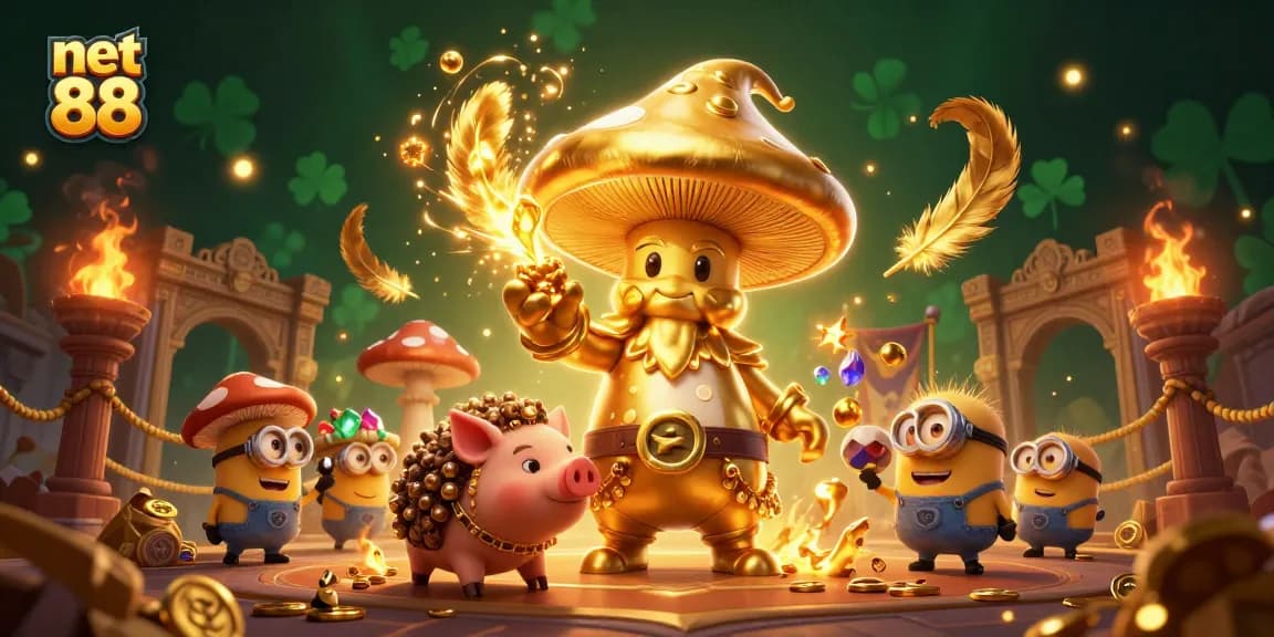 Engage with thrilling gameplay at net 88, featuring a magical golden mushroom wizard and treasure-hunting pig.