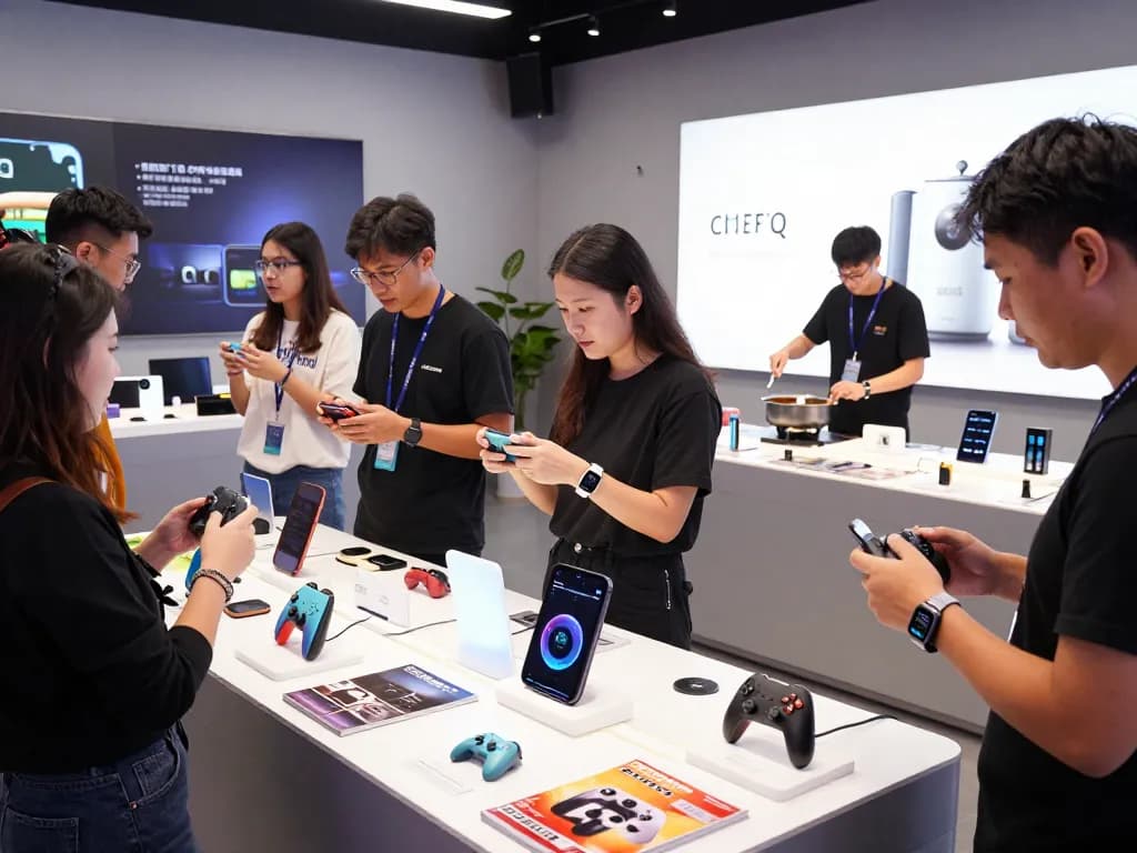 Exploring innovative tech gadgets in a vibrant showroom featuring Bluetooth devices and smart tools.