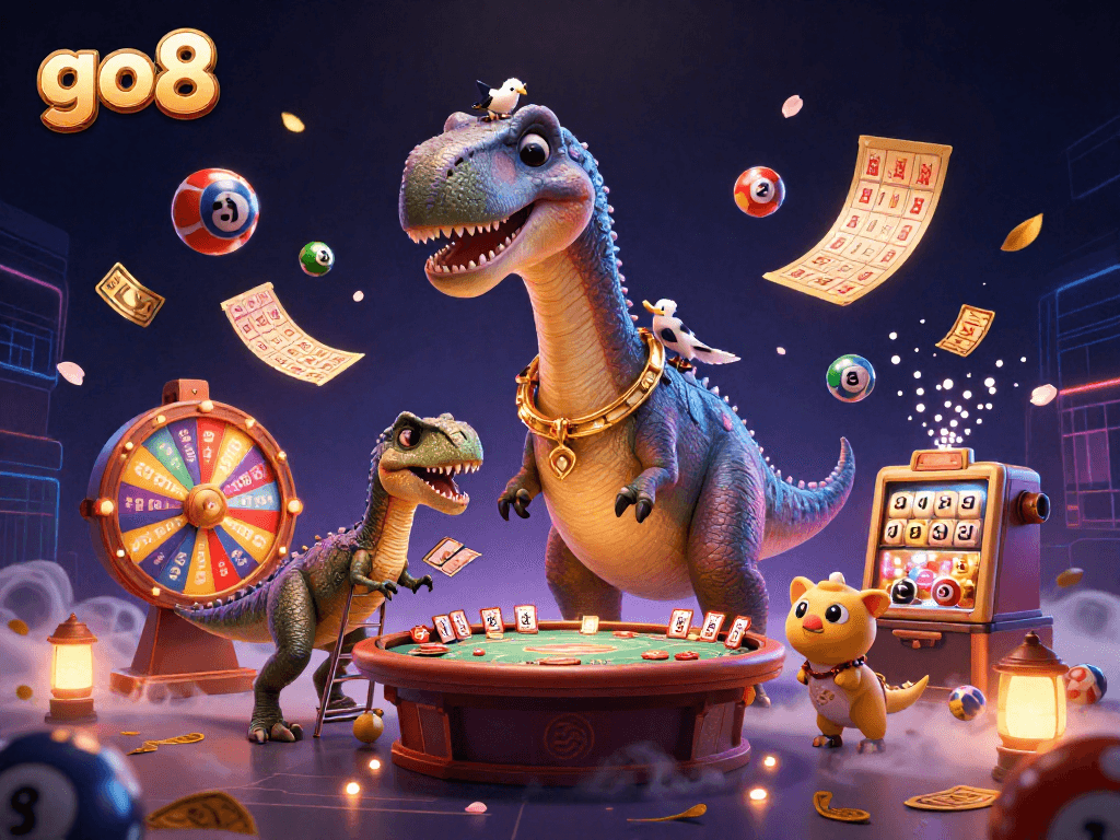 Experience go8 with a playful brontosaurus overseeing a vibrant casino scene filled with lottery elements.