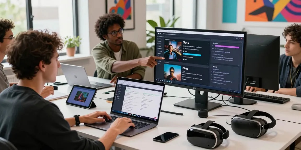 Team using video to prompt converter in a modern collaborative workspace for video creation.