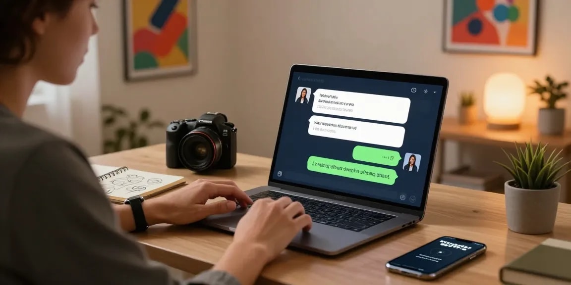 Engaging scene of a user interacting with an NSFW chat bot on a sleek laptop in a modern home office.