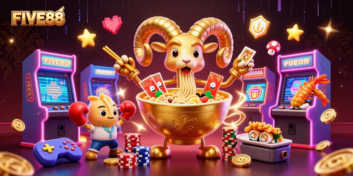 Jump into action with FIVE88, where a giant ramen bowl and friends deal cards in this vibrant casino scene.