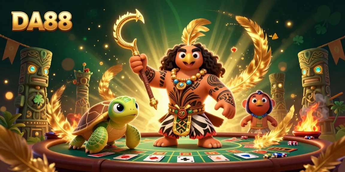 Join the DA88 adventure with a demigod hawk and turtle in a vibrant casino scene.