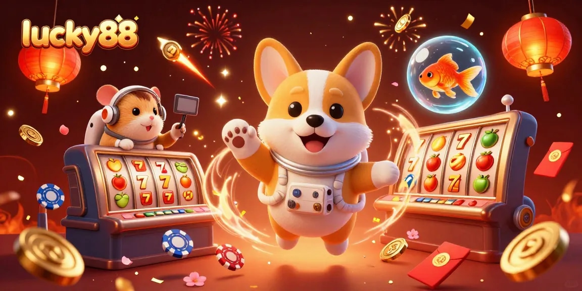Spin lucky88 slots in a vibrant casino scene with floating coins, jackpots, and festive characters.