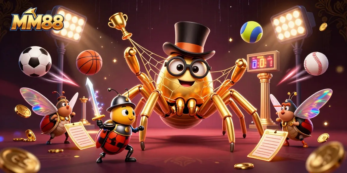 Engage with MM88's thrilling gameplay as a golden tarantula weaves success amidst dynamic sports elements.