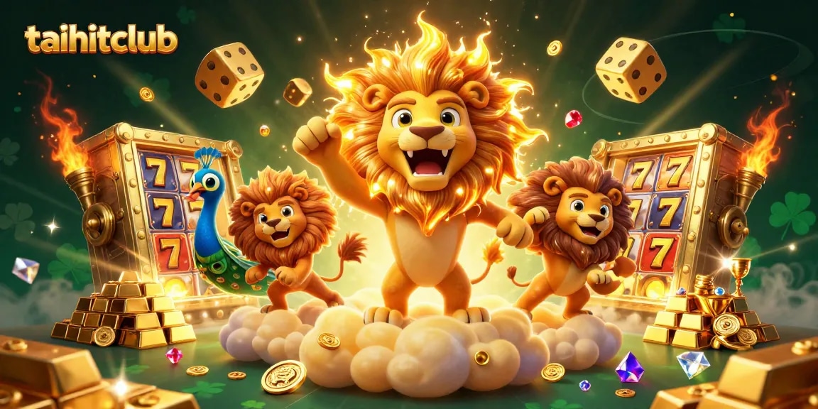 Experience thrilling slots at taihitclub with a vibrant 3D casino scene featuring a roaring lion and golden treasures.
