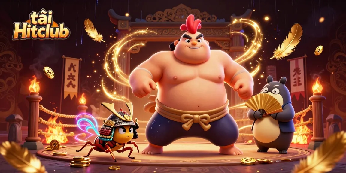 Engage in excitement with tải Hitclub featuring a powerful sumo rooster and samurai cricket in a vibrant casino arena.