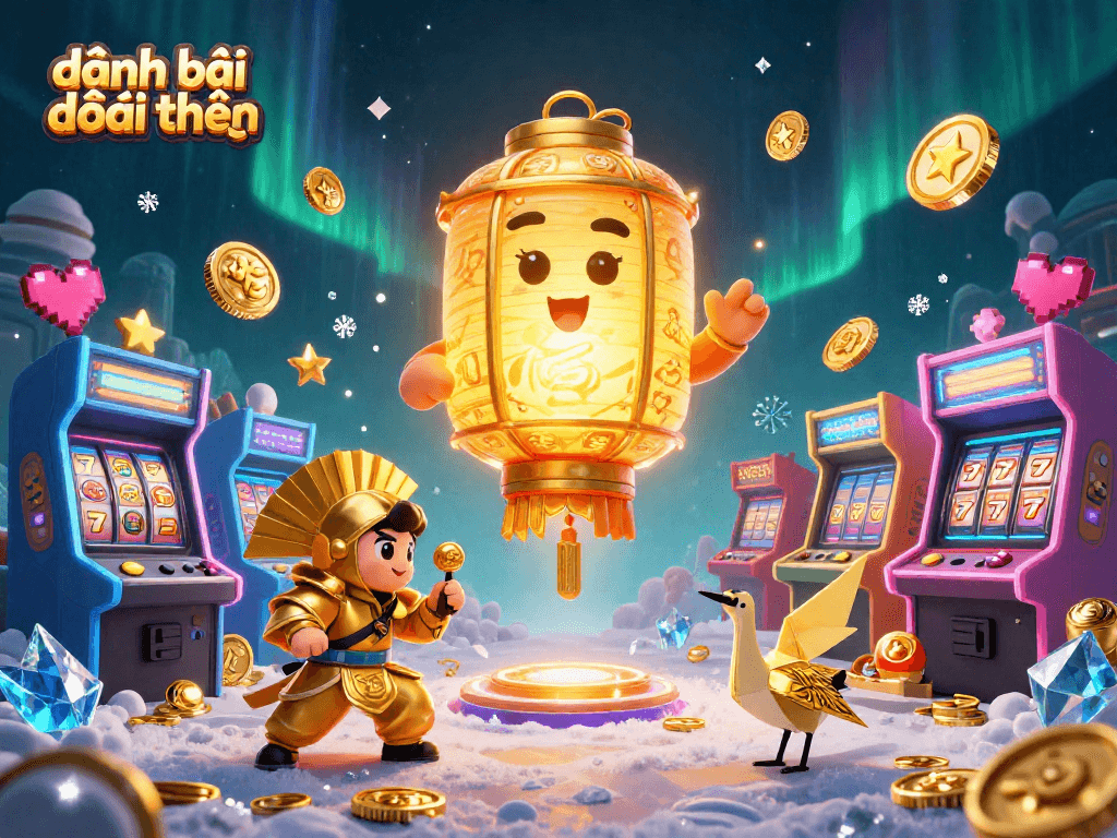 Engaging illustration showcasing đánh bài đổi thưởng with golden lantern spirits, arcade elements, and slot game features.