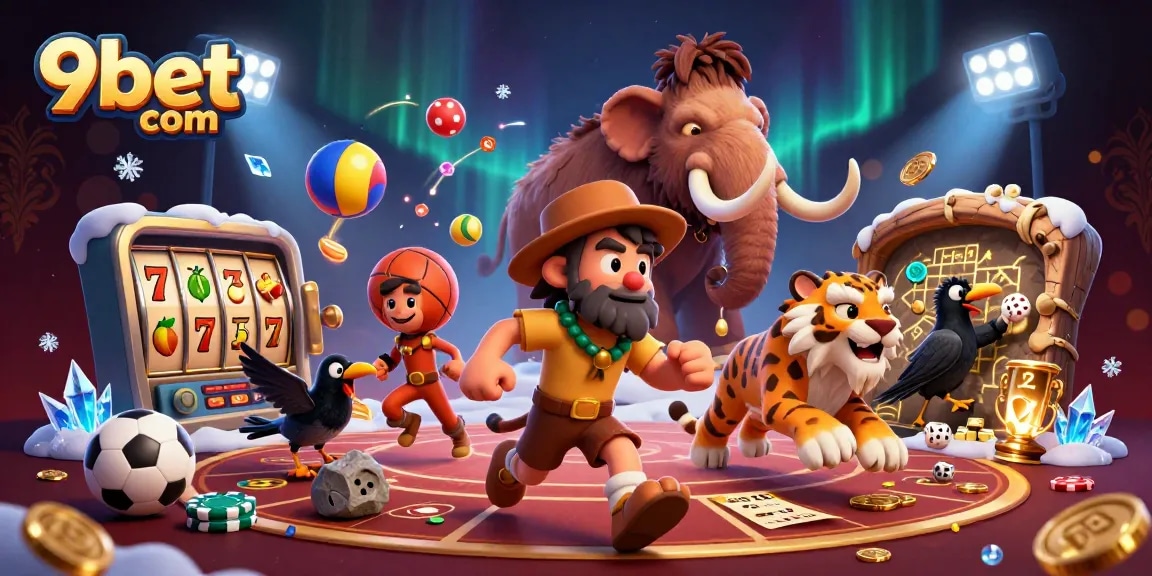 9bet com features a lively prehistoric casino with unique characters amidst slot and sports elements.