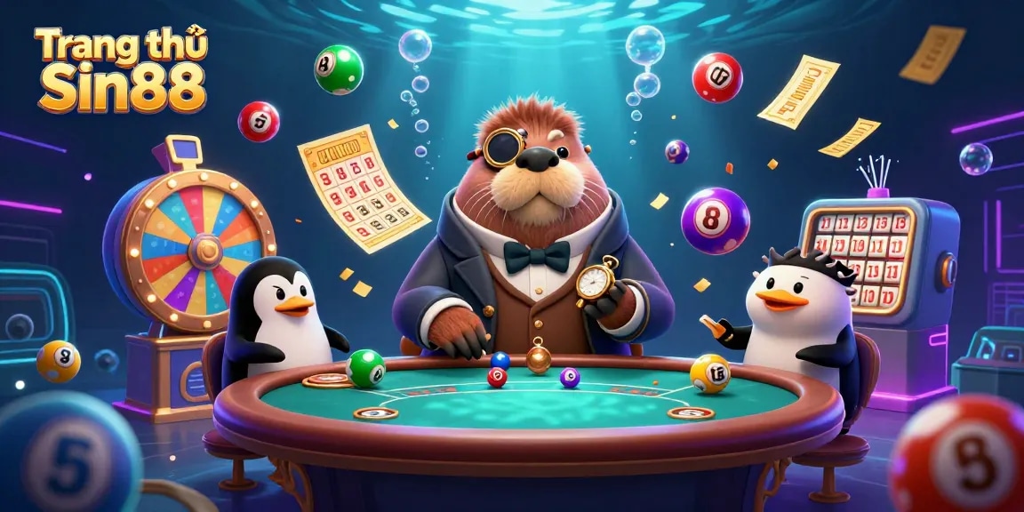 Experience the excitement at Trang chủ Sin88 with a lively underwater poker scene featuring a jolly walrus and friends.