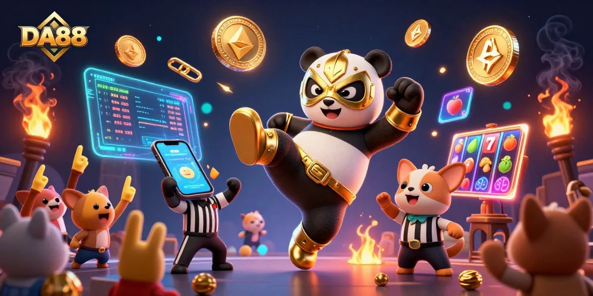 Engage with DA88 while witnessing an exciting 3D scene featuring a panda in a lucha libre mask.