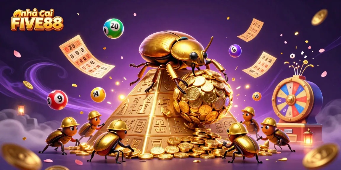 Engage with Nhà cái FIVE88 by exploring vibrant lottery and casino elements in this dynamic 3D illustration.