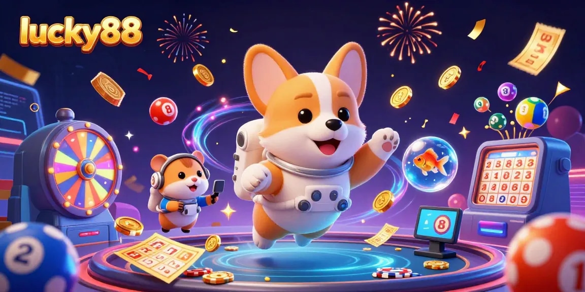 Experience exciting gameplay at lucky88 through floating characters and vibrant casino elements.