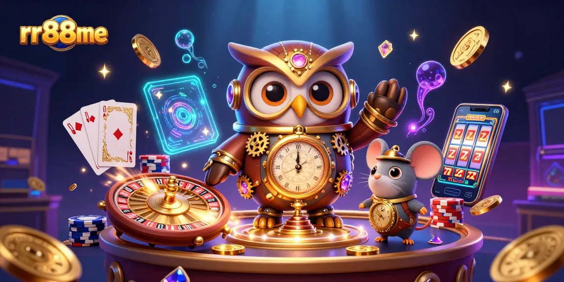 Engage with rr88me's casino offerings in an ultra-detailed 3D illustration featuring slot machines and dynamic betting elements.