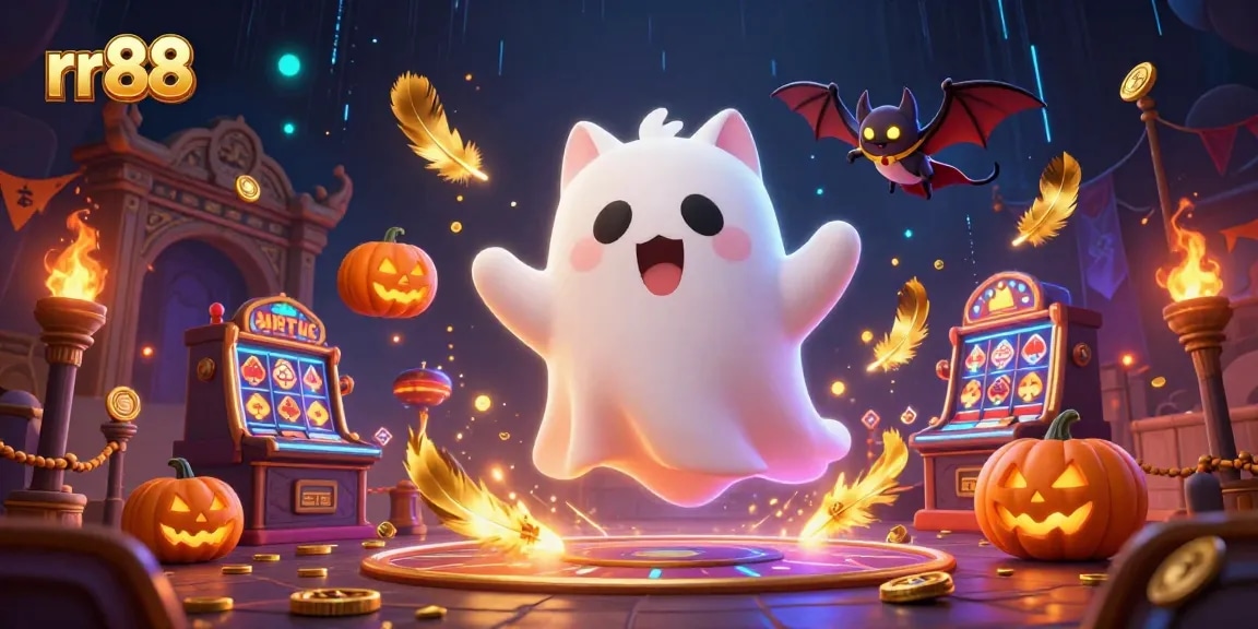 Play thrilling games at rr88 with a ghost cat, bat companion, and glowing jack-o-lanterns.