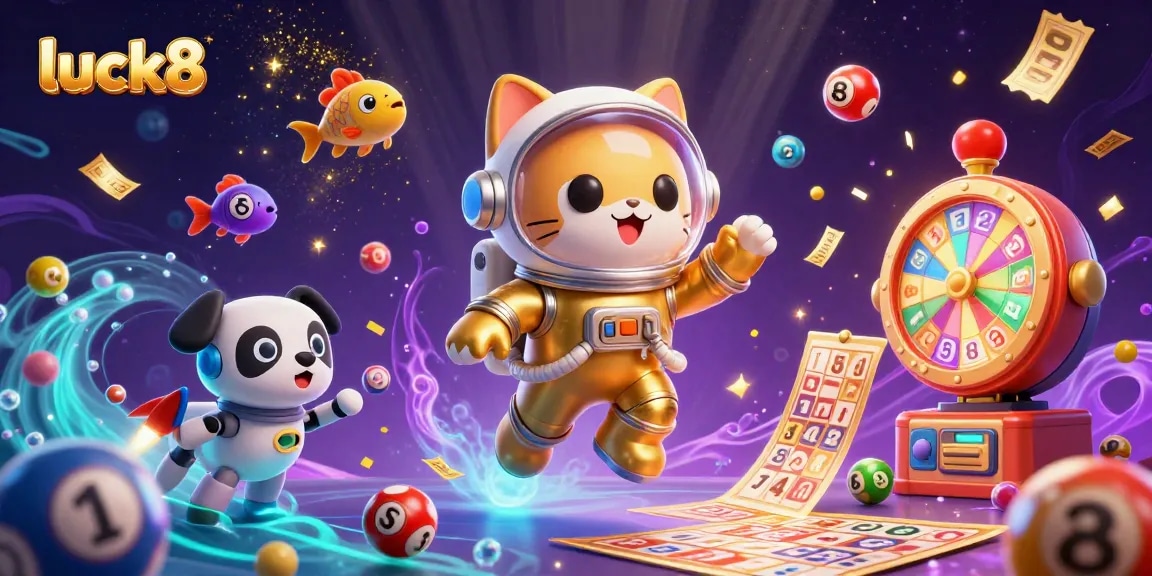 Engage with luck8's vibrant gaming universe featuring lottery elements and playful characters.