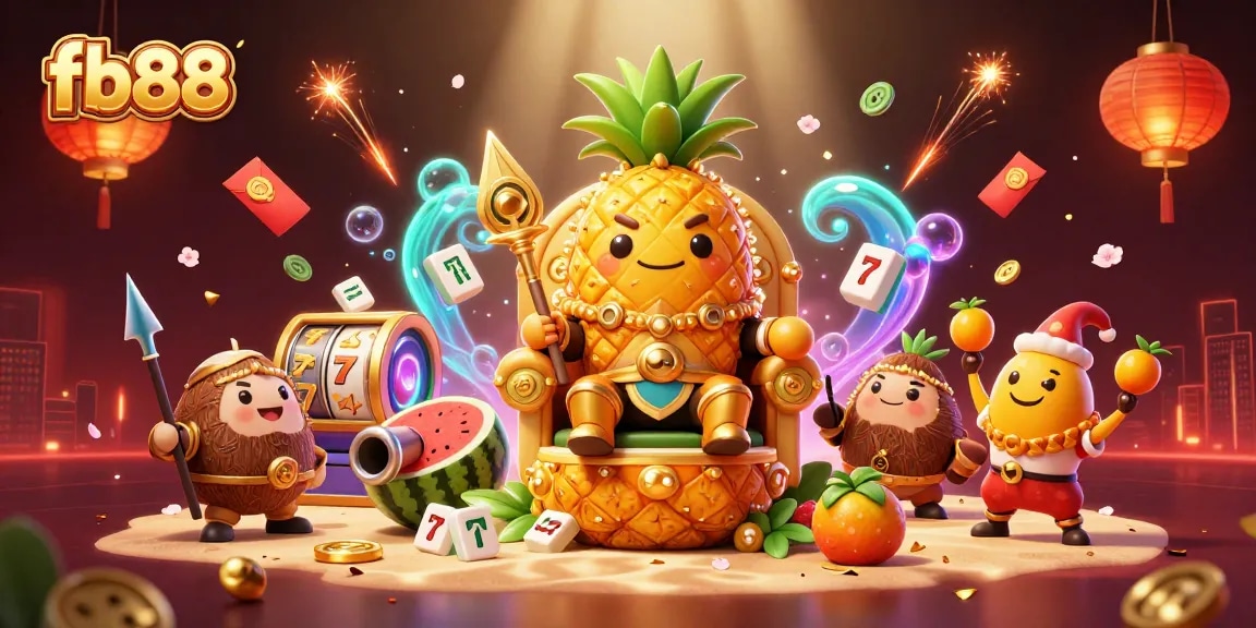 Engage with fb88 at a colorful beach casino scene featuring a pineapple king and lively gaming elements.