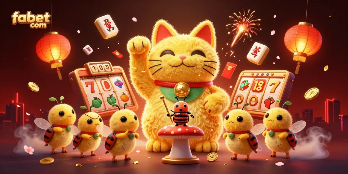 Win big at fabet com with this vibrant 3D scene showcasing a lucky cat and dynamic casino symbols.
