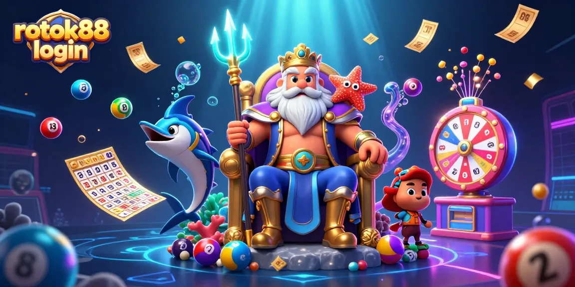 Engage with the vivid scene of rokok88 login featuring Neptune and vibrant lottery elements.