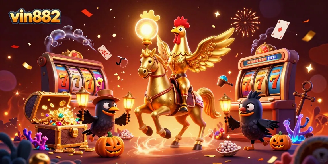 Experience the thrilling world of vin882 as a golden rooster ventures through a vibrant casino backdrop.