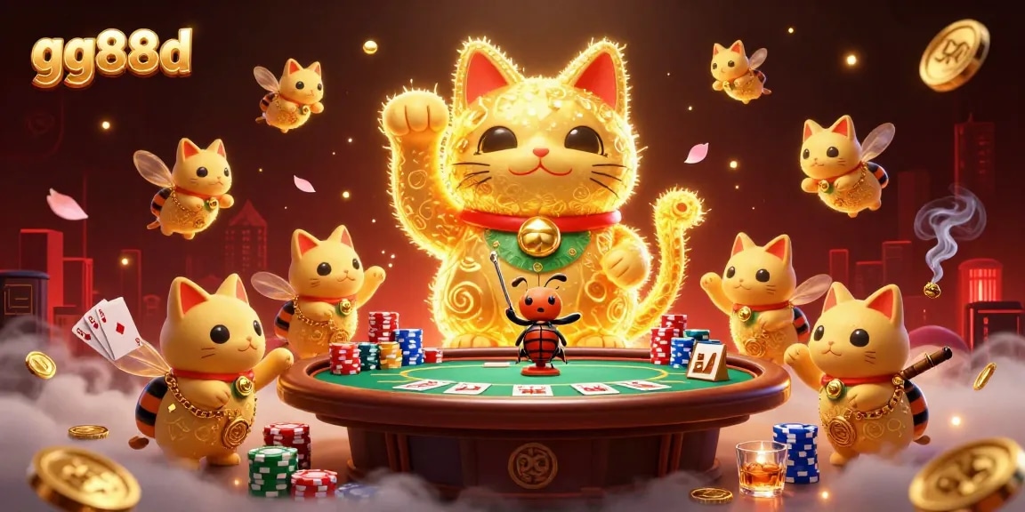 Experience vibrant gameplay with gg88d featuring a dynamic lucky cat and poker elements in a colorful casino scene.
