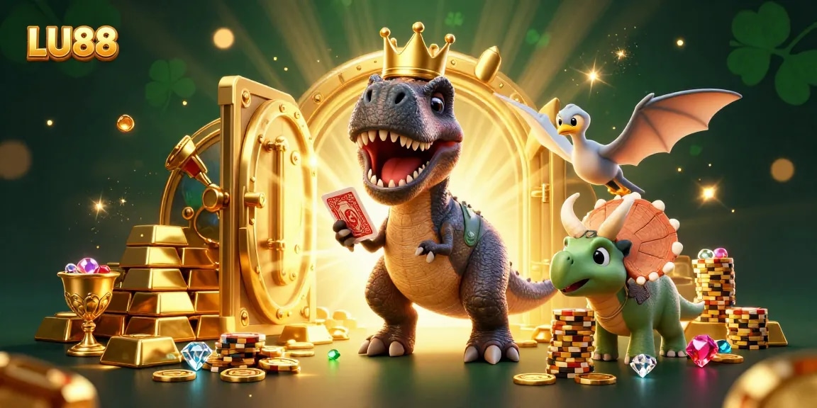 LU88 brings excitement to gambling with friendly dinosaur characters playing cards in a vibrant casino.