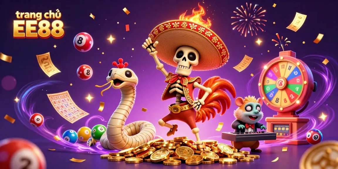 Experience winning excitement at trang chủ EE88 with vibrant lottery elements and festive characters.