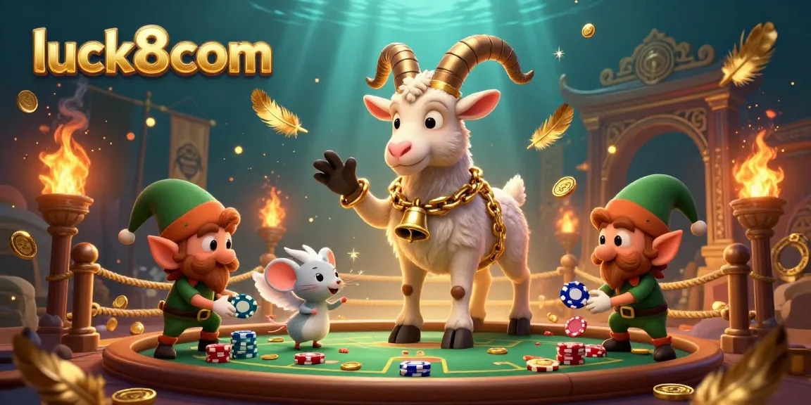Experience thrilling gaming action at luck8com with cartoon Krampus managing a festive casino scene filled with excitement.