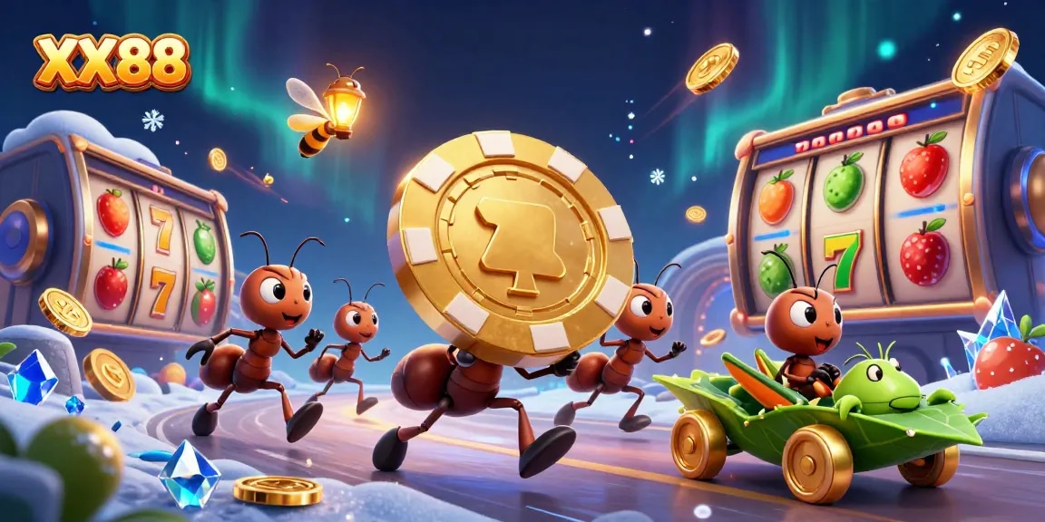 Engage with XX88 in a vibrant heist scene showcasing ants, poker chips, and casino-themed elements.