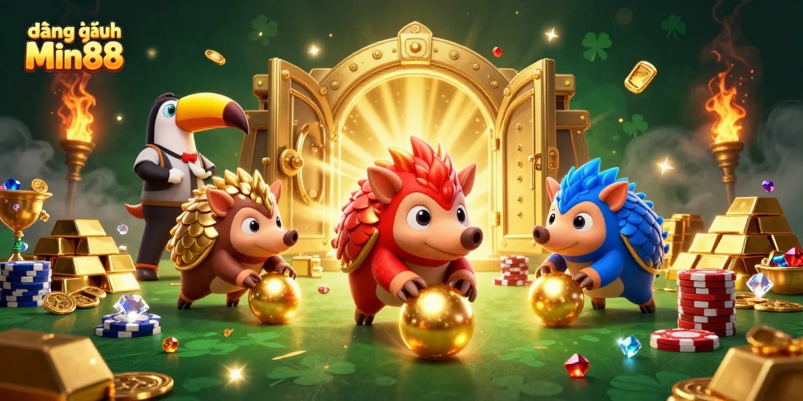 Experience đăng nhập Min88 with illustrated pangolins bowling through poker chips in a vibrant casino scene.