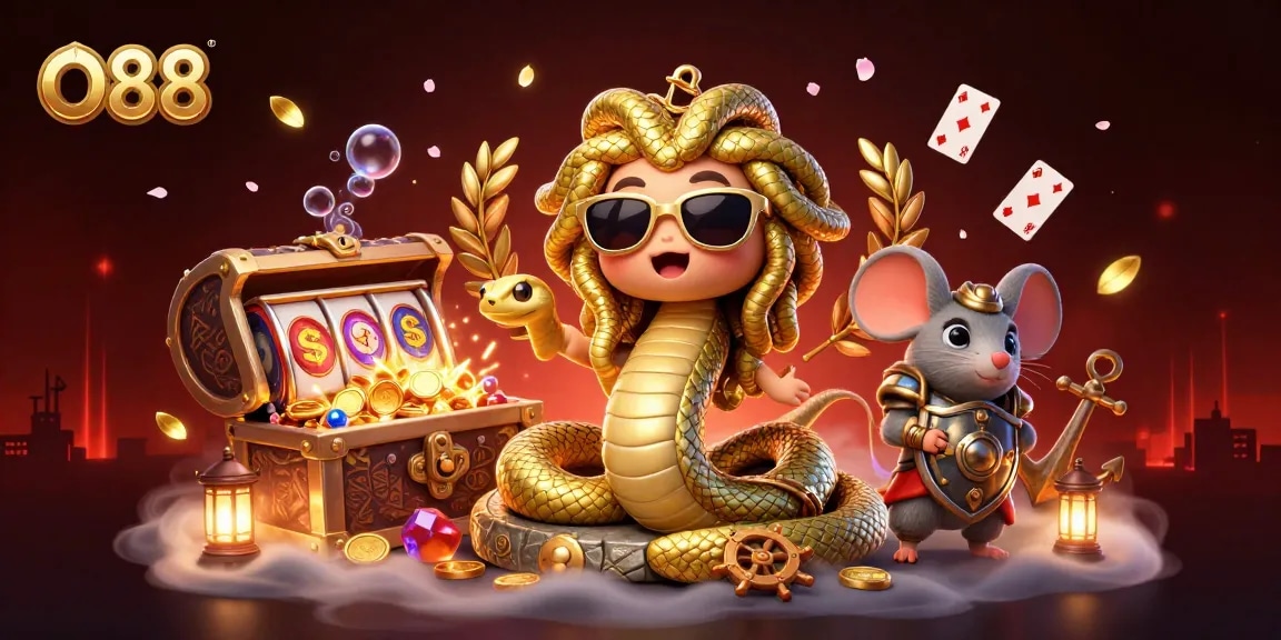 Play thrilling games at O88 with Medusa and friends surrounded by vibrant casino elements.