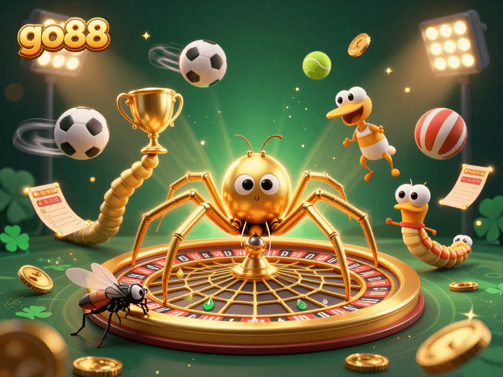 Experience go88's thrilling casino atmosphere with a 3D illustration of a spider spinning a roulette web and a centipede croupier.