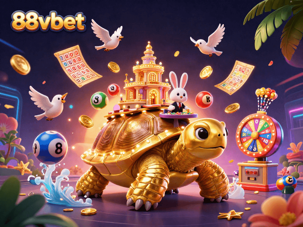 Play exciting games at 88vbet, featuring a golden tortoise casino illustration with lively elements.
