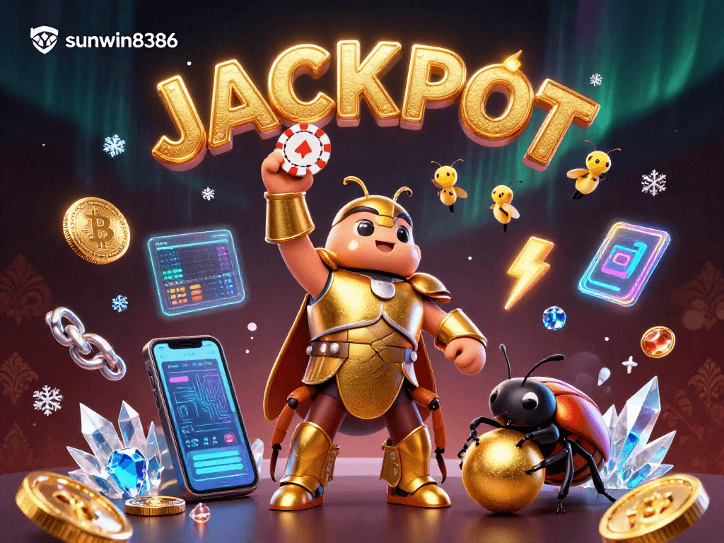 Engage with sunwin8386, where the 3D cartoon hercules beetle celebrates a jackpot, showcasing vibrant coins and crypto elements.