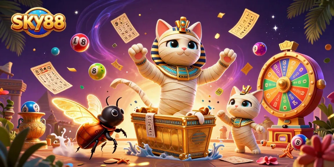 Engage with SKY88’s vibrant casino atmosphere featuring a mummy cat, scarab, and lively gaming elements.