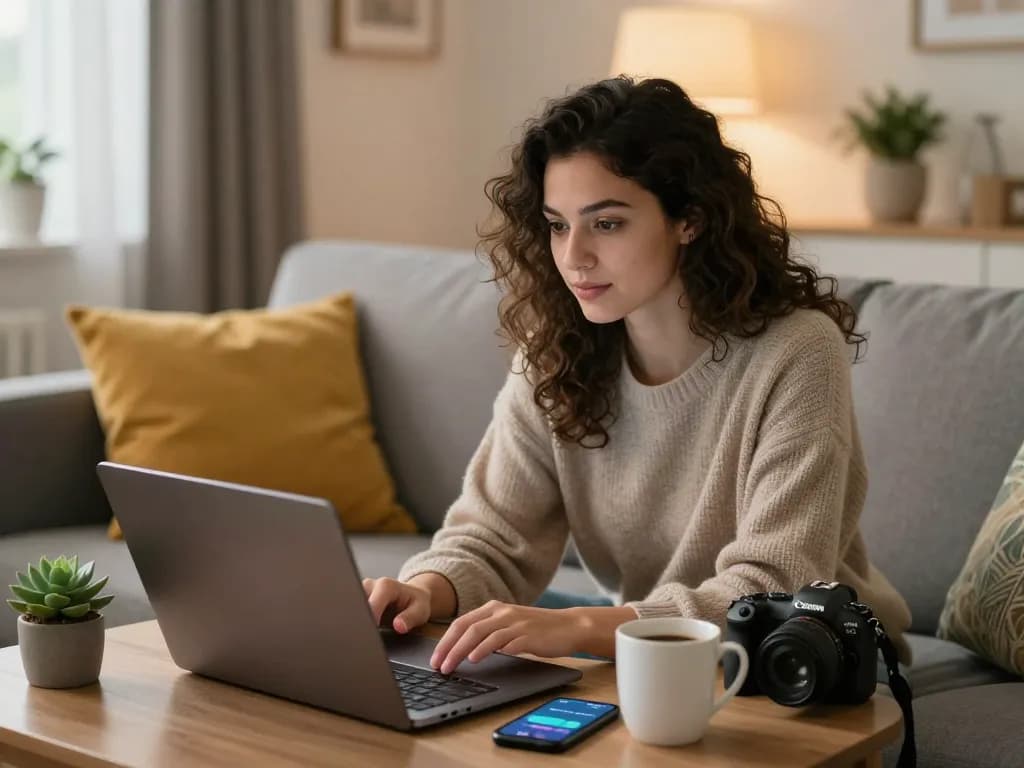 Engaging with an AI girlfriend chatbot in a cozy living room setting, showcasing modern technology.