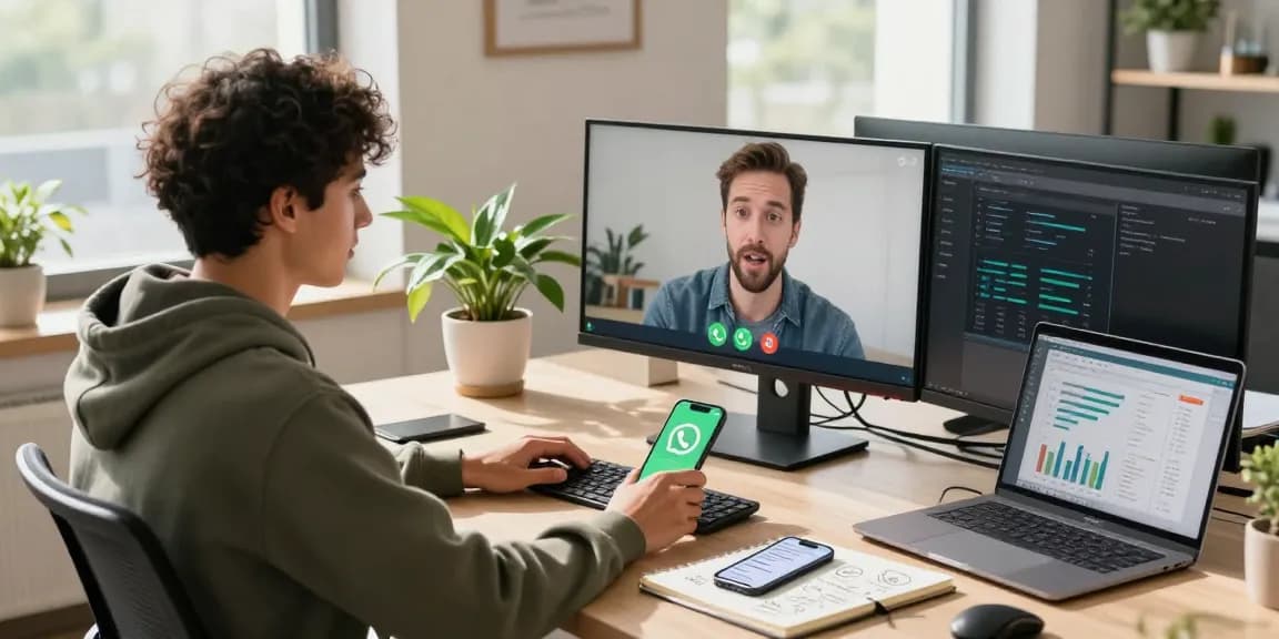 Professional using WhatsApp網頁版 on desktop with dual monitors and modern office decor
