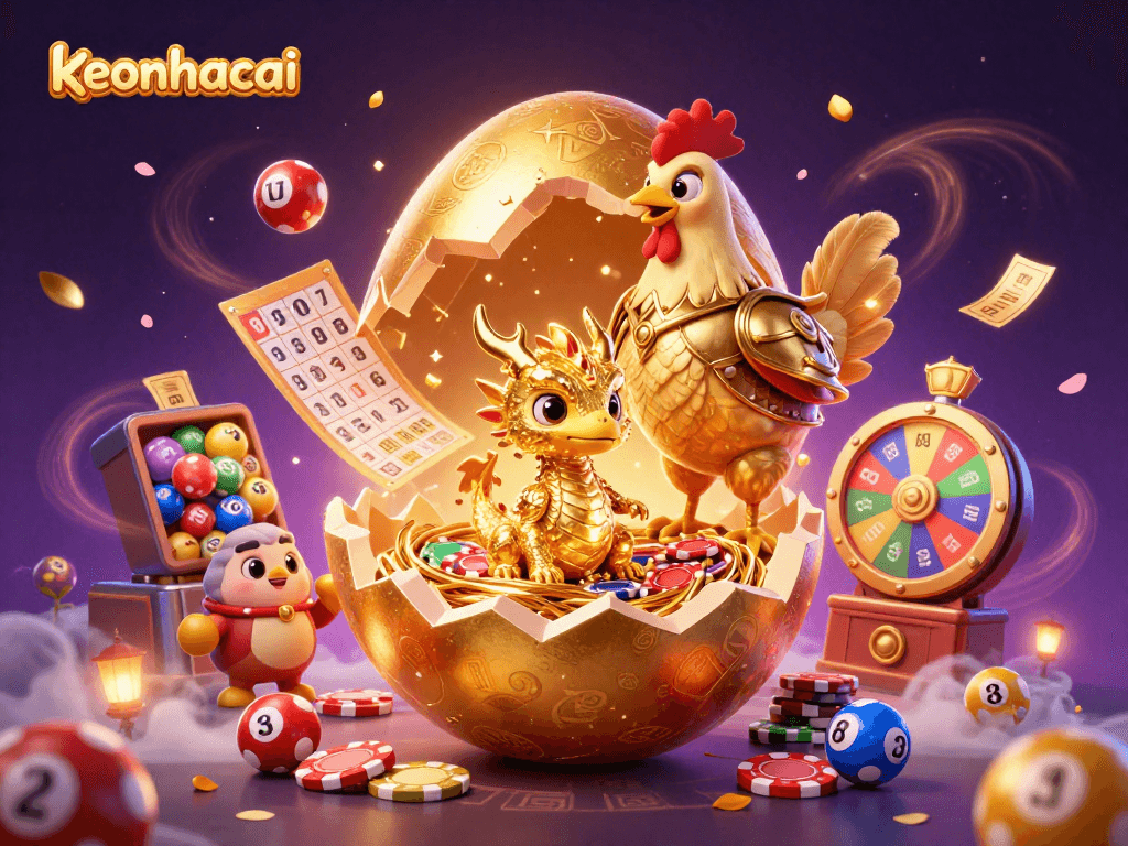 Experience the thrill of keonhacai with a vibrant scene featuring a golden dragon and colorful gambling elements.