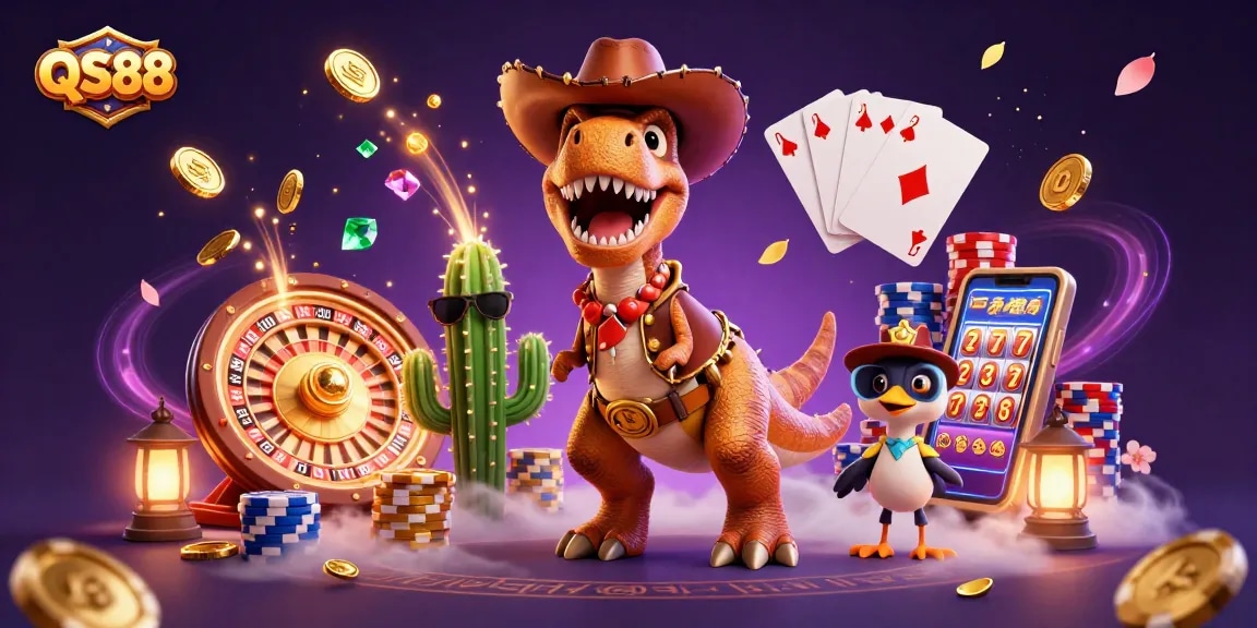 QS88 captures the excitement of casino gaming with a T-Rex and friends amidst golden coins and vibrant symbols.