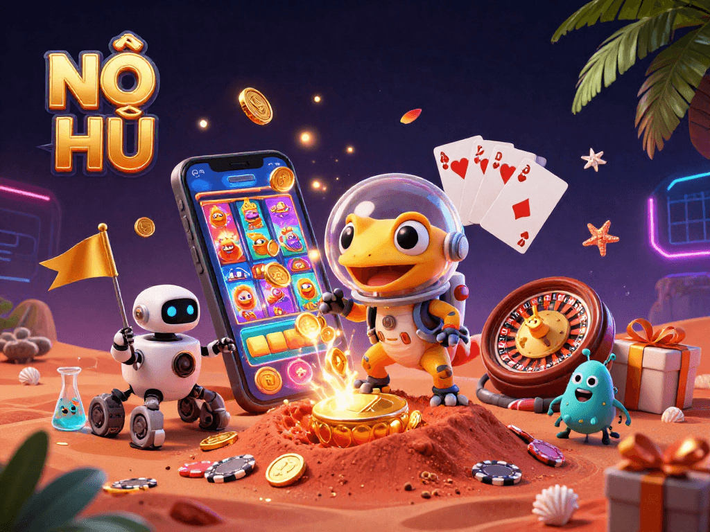 Experience NỔ HŨ excitement with a Martian gecko discovering a golden casino from Mars!