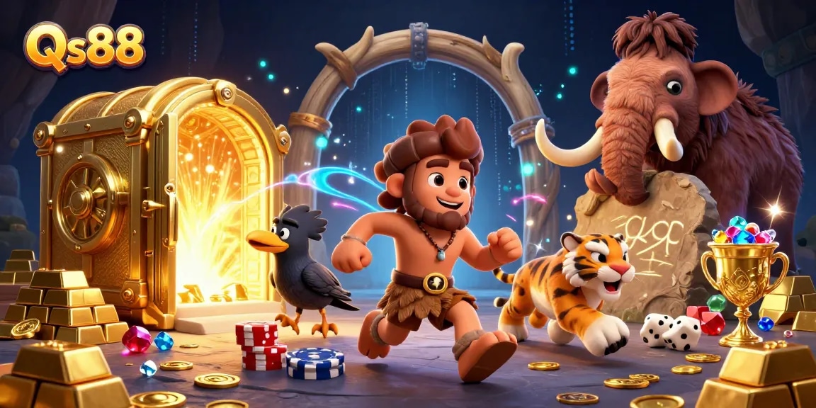 Experience the thrill of Qs88 in a vibrant casino scene with dynamic gambling elements.