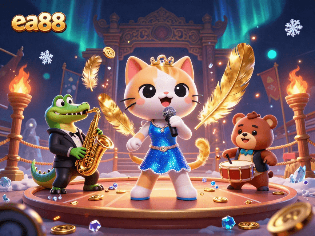 Experience the thrilling atmosphere of ea88 with a lively jazz-singer cat and friends on stage amid a casino extravaganza.
