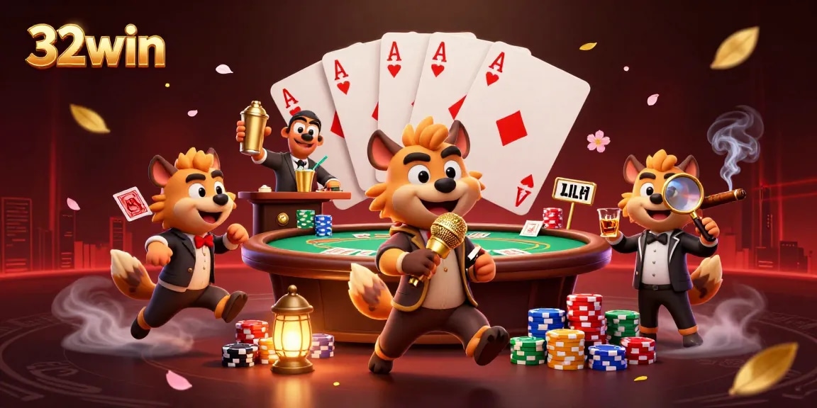Laugh with 32win's hyena comedians in a lively casino scene filled with games and vibrant action.