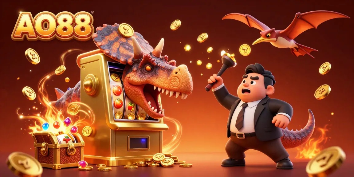 AO88 showcases a cartoon pachycephalosaurus celebrating a jackpot while coins rain down in a vibrant casino scene.