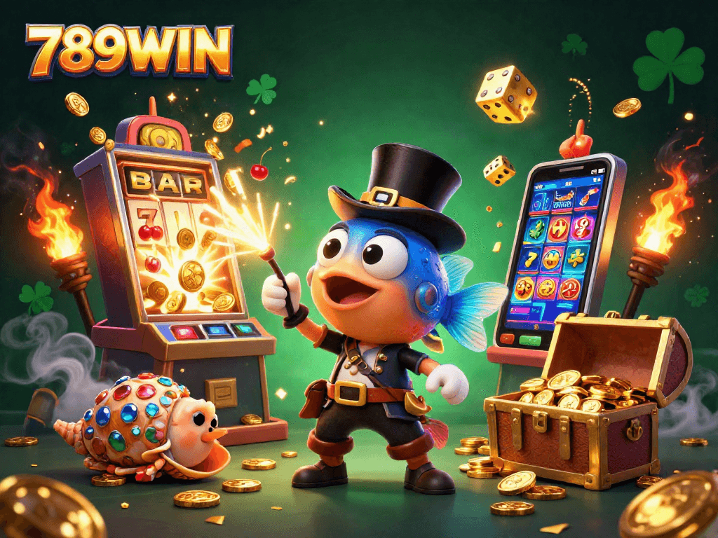 Experience thrilling wins with 789WIN as cartoon sea characters celebrate gambling riches amidst vibrant casino elements.
