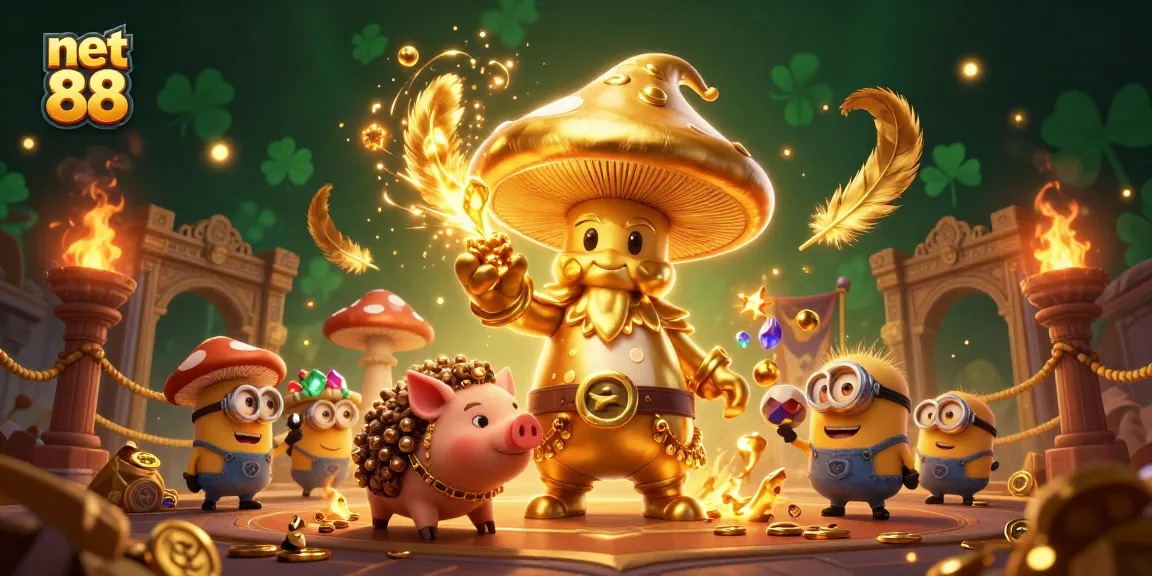 Engage with thrilling gameplay at net 88, featuring a magical golden mushroom wizard and treasure-hunting pig.