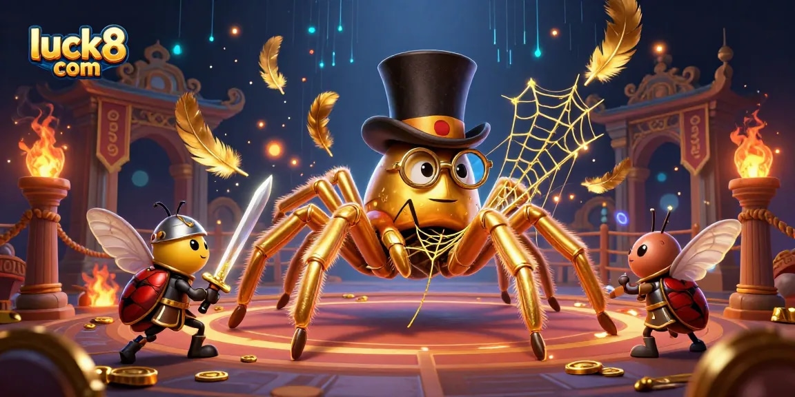 Engage with luck8 com as a golden tarantula creates a web amid casino excitement.